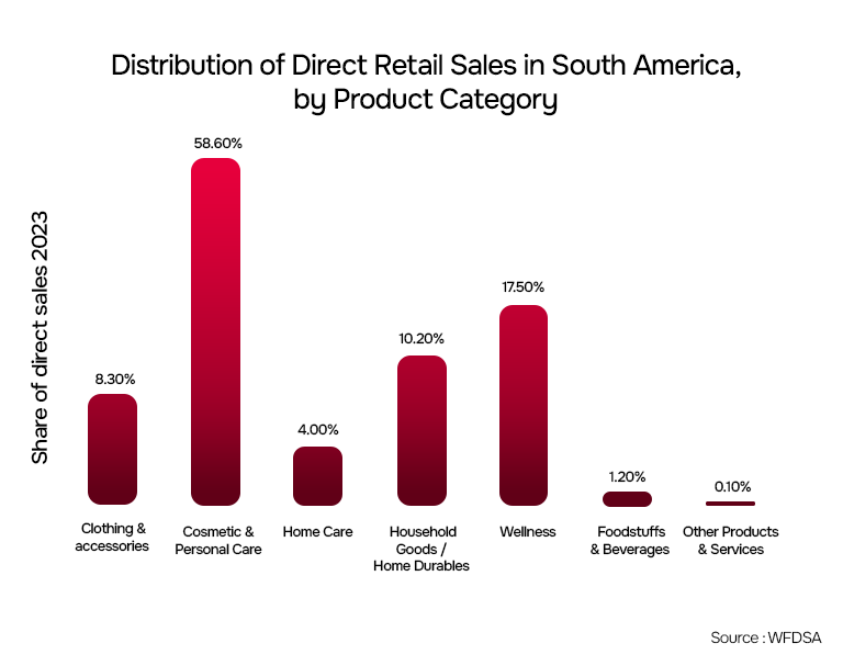 Distribution of direct retail sales in South America by product category